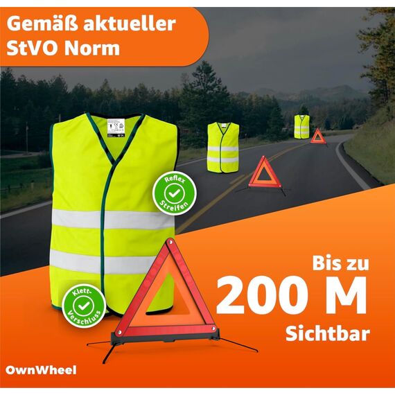 OwnWheel 3 in 1- Set KFZ Pannenset geprüft 2026 & Autozubehör - Auto Erste Hilfe Set mit Verbandskasten & Warnweste & Warndreieck für StVO