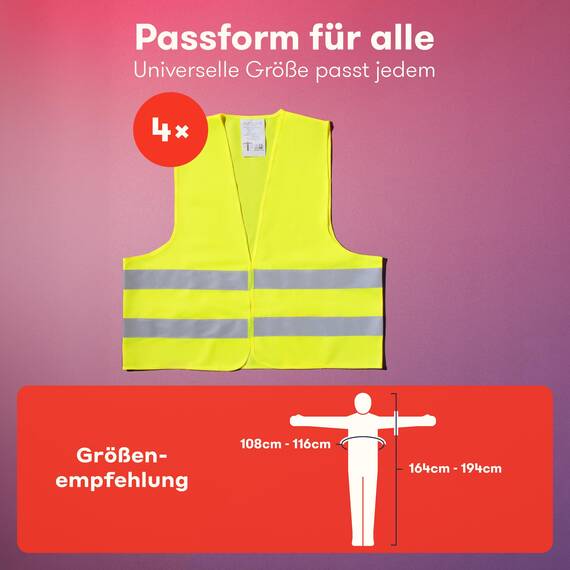 PURAHELP Warnwesten Auto 4er Set - Europaweit gültig nach EN ISO 20471 - Inkl. Eiskratzer - Reflektierende Sicherheitsweste Auto Warnweste Gelb - Warnschutzweste
