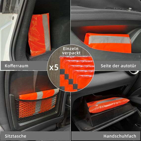 Brovamo Warnweste orange, warnwesten Auto 5er, Warnweste Auto, Warnweste Erwachsene Kinder, Sicherheitsweste Auto，für Auto, Motorrad, Fahrrad