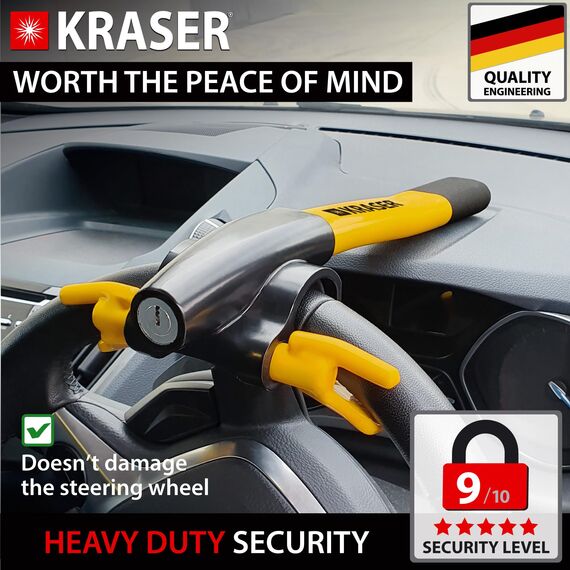 KRASER KR855Y Hohe Sicherheit Lenkradkralle, Sichtbarer und Abschreckender Lenkradschloss, Lenkradsperre Wohnmobil, Wegfahrsperre Diebstahlsicherung Universal für Auto PKW