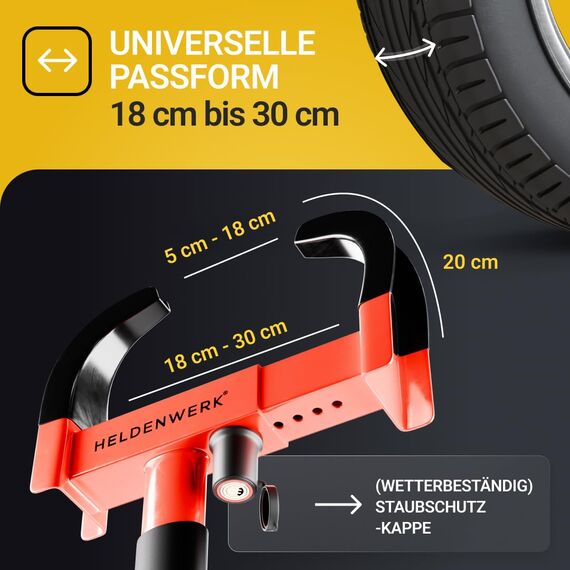 HELDENWERK® Parkkralle Radkralle mit Hochsicherheitsschloss & 3 Schlüsseln - für Anhänger, Wohnmobil, Wohnwagen, Auto - PKW Reifenkralle, Autokralle, Rad-Kralle für 18-30cm Reifenbreite (Schwarz/Rot)