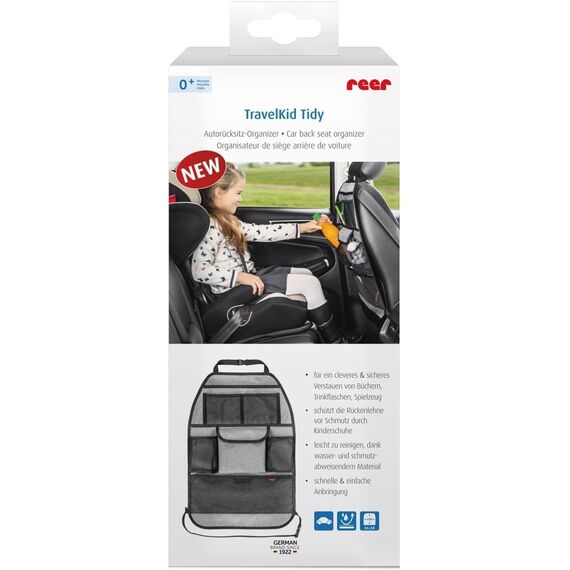 reer Autorücksitz-Organizer TravelKid Tidy, schmutzabweisend, viele Taschen, für alle Autositze, auch Sportsitze, grau