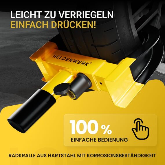 HELDENWERK® Parkkralle Radkralle mit Hochsicherheitsschloss & 3 Schlüsseln - für Anhänger, Wohnmobil, Wohnwagen, Auto - PKW Reifenkralle, Autokralle, Rad-Kralle für 18-30cm Reifenbreite (Schwarz/Gelb)