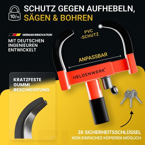 HELDENWERK® Parkkralle Radkralle mit Hochsicherheitsschloss & 3 Schlüsseln - für Anhänger, Wohnmobil, Wohnwagen, Auto - PKW Reifenkralle, Autokralle, Rad-Kralle für 18-30cm Reifenbreite (Schwarz/Rot)