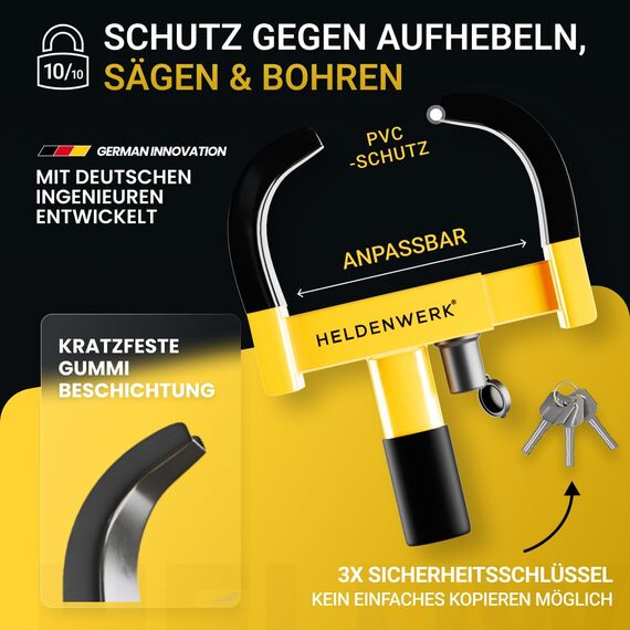 HELDENWERK® Parkkralle Radkralle mit Hochsicherheitsschloss & 3 Schlüsseln - für Anhänger, Wohnmobil, Wohnwagen, Auto - PKW Reifenkralle, Autokralle, Rad-Kralle für 18-30cm Reifenbreite (Schwarz/Gelb)