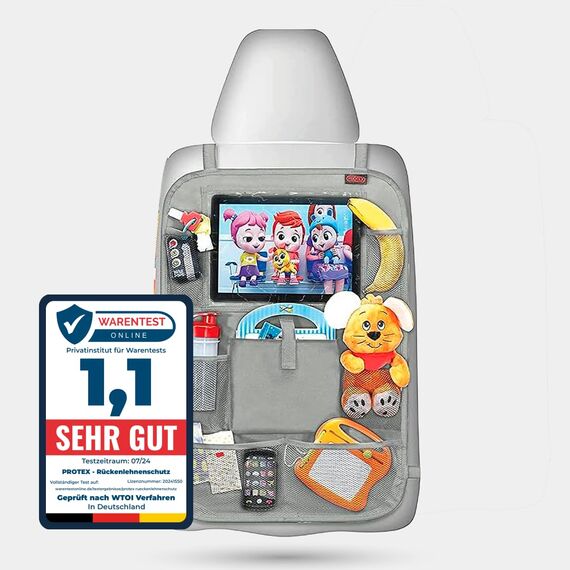 PROTEX© Rückenlehnenschutz Organizer [Testsieger 2024] 100 Tage risikofrei testen - Auto Rücksitz Organizer mit 12 Zoll Tablet Fach [grau]