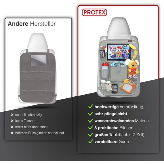 PROTEX© Rückenlehnenschutz Organizer [Testsieger 2024] 100 Tage risikofrei testen - Auto Rücksitz Organizer mit 12 Zoll Tablet Fach [grau]