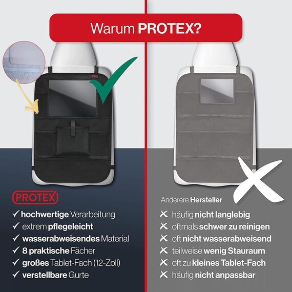 PROTEX© Rückenlehnenschutz Organizer [Testsieger 2025] 100 Tage risikofrei testen - Auto Rücksitz Organizer mit 12 Zoll Tablet Fach [blau]