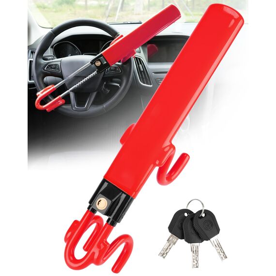 Tevlaphee Lenkradkralle, Lenkradschloss für Auto, Diebstahlsicherung auto, Strapazierfähig, Universelle Passform, PVC-Schutz, Verstellbar für Autos, SUVs, Wohnmobil, Wohnwagen, 3 Schlüssel(Rot)