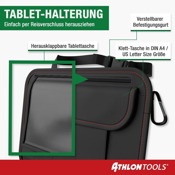 ATHLON TOOLS Der stabilste Autositz-Organizer - Verstärkte Rückwand - Lebensmittelecht - mit integriertem Tablet-Halter - mit Extra Federtasche - für Business und Kinder - Designed in Hamburg