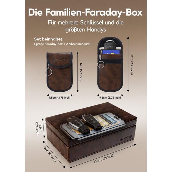 ZCOINS Faraday-Box & 2 zweischichtige Taschen Value Bundle, Autoschlüssel-Signalblocker-Box, RFID-Blocker-Set, schützt jeden Autoschlüssel mit Faraday-Schutz-Braun