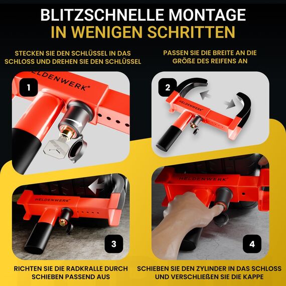 HELDENWERK® Parkkralle Radkralle mit Hochsicherheitsschloss & 3 Schlüsseln - für Anhänger, Wohnmobil, Wohnwagen, Auto - PKW Reifenkralle, Autokralle, Rad-Kralle für 18-30cm Reifenbreite (Schwarz/Rot)