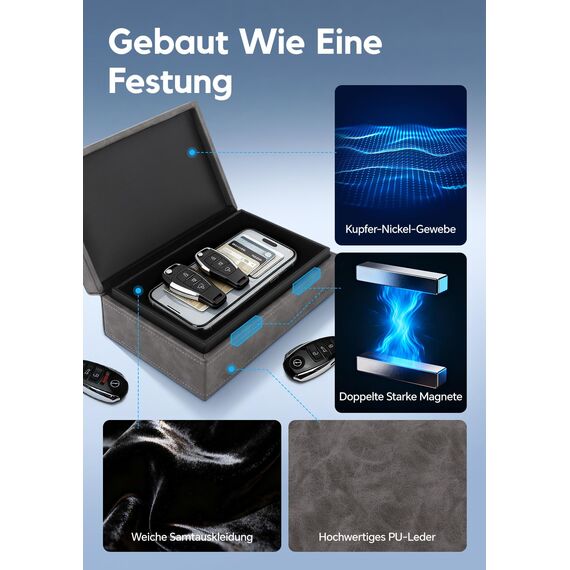 ZCOINS Keyless Go Schutz Set – Große Faraday Box & 2 Faraday Bag für Autoschlüssel, Signalblocker mit Doppelschicht-Abschirmung, RFID-Blocker – Universal für Keyless Entry, Grau