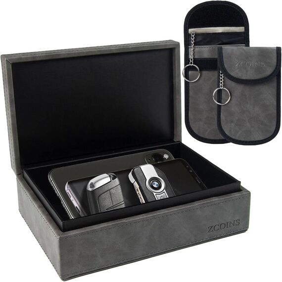 ZCOINS Keyless Go Schutz Set – Große Faraday Box & 2 Faraday Bag für Autoschlüssel, Signalblocker mit Doppelschicht-Abschirmung, RFID-Blocker – Universal für Keyless Entry, Grau