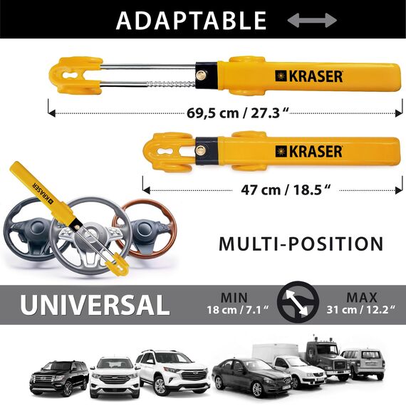 KRASER KR842Y Lenkradkralle mit Doppelhaken, Maximale Sicherheit Stufe 10, Robustes und Sichtbares Lenkradschloss, Lenkradsperre Wohnmobil, Universal Wegfahrsperre Diebstahlsicherung für Auto PKW