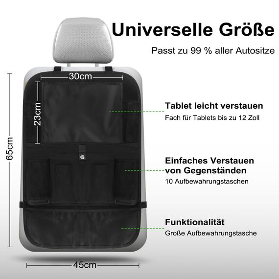 Ezilif Rückenlehnenschutz Auto Kinder Stärke-Upgrade, Autositz Organizer mit 10 Aufbewahrungsbeuteln, Auto Organizer Kinder Leicht Zu Reinigen, Wasserdichter für Rücksitz organizer (2 Stück)