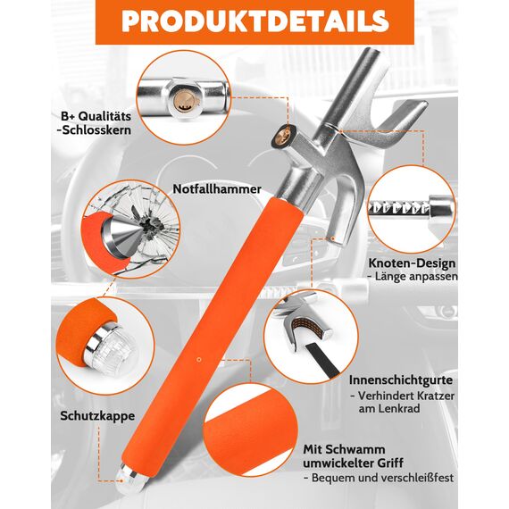 Tevlaphee Lenkradkralle, Lenkradschloss für Auto, Auto Diebstahlsicherung, Lenkradsperre Wohnmobil, Auto-Kralle als Wegfahrsperre, Universal(Orange)
