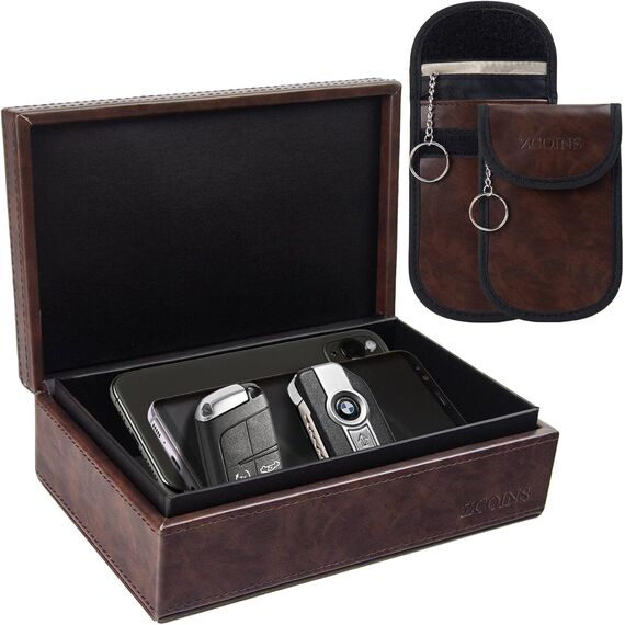 ZCOINS Faraday-Box & 2 zweischichtige Taschen Value Bundle, Autoschlüssel-Signalblocker-Box, RFID-Blocker-Set, schützt jeden Autoschlüssel mit Faraday-Schutz-Braun