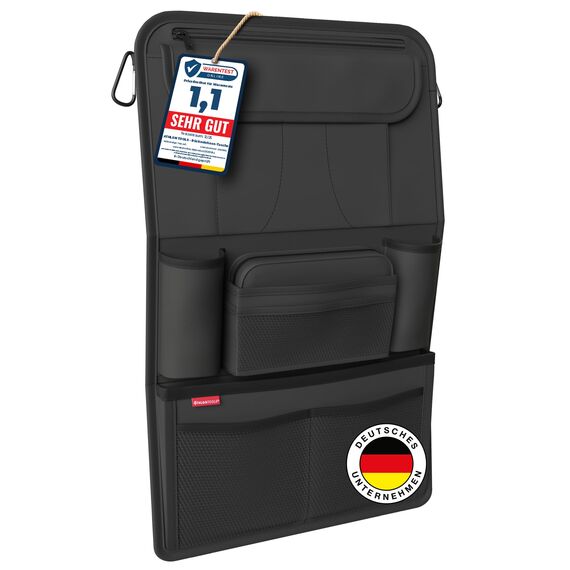 ATHLON TOOLS Der stabilste Autositz-Organizer - mit verstärkter Rückwand - Lebensmittelecht - mit integriertem Tablet-Halter - mit Extra Federtasche - für Business und Kinder - Designed in Hamburg