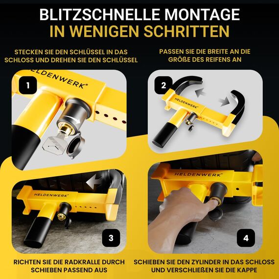 HELDENWERK® Parkkralle Radkralle mit Hochsicherheitsschloss & 3 Schlüsseln - für Anhänger, Wohnmobil, Wohnwagen, Auto - PKW Reifenkralle, Autokralle, Rad-Kralle für 18-30cm Reifenbreite (Schwarz/Gelb)