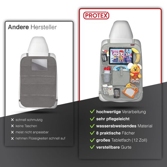PROTEX© Rückenlehnenschutz Organizer [Testsieger 2025] 100 Tage risikofrei testen - Auto Rücksitz Organizer mit 12 Zoll Tablet Fach [grau]