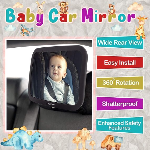 Babyautospiegel für den Rücksitz - Sicherster Autositzspiegel mit kristallklarer Sicht, unzerbrechlicher, verstellbarer Rückspiegel für kleine Kinder, mit LKW
