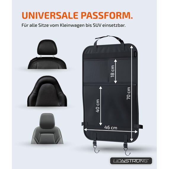 LIONSTRONG® Auto Organizer Kinder Rücksitz schwarz - Wasserdicht - Rückenlehnenschutz Auto Kinder universell kompatibel - Autositz Organizer - Sitzschutz Rückenlehne - große Tasche