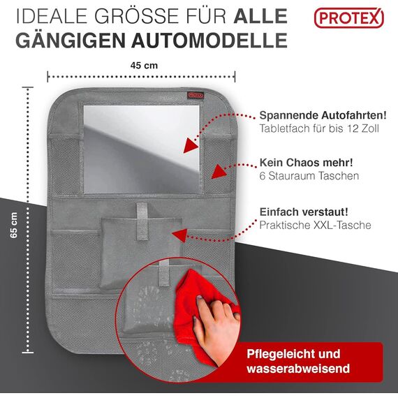 PROTEX© Rückenlehnenschutz Organizer [Testsieger 2024] 100 Tage risikofrei testen - Auto Rücksitz Organizer mit 12 Zoll Tablet Fach [grau]