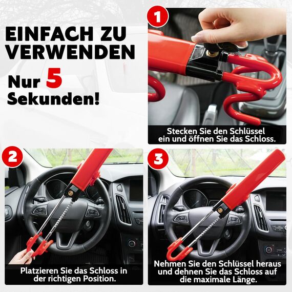 Tevlaphee Lenkradkralle, Lenkradschloss für Auto, Diebstahlsicherung auto, Strapazierfähig, Universelle Passform, PVC-Schutz, Verstellbar für Autos, SUVs, Wohnmobil, Wohnwagen, 3 Schlüssel(Rot)