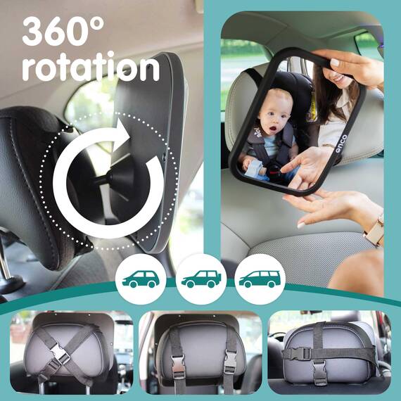 Onco Baby Autospiegel Set – Rückwärts- & Vorwärtsgerichteter Spiegel, 100% bruchsicher & rüttelfest, Klare Weitsicht mit 360° Drehung & Clip-On-Design, Reise-Essentials für Neugeborene & Babys