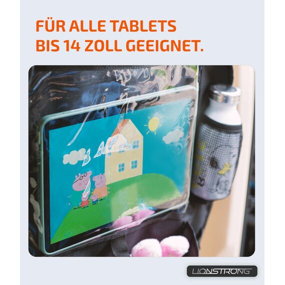 LIONSTRONG® Auto Organizer Kinder Rücksitz schwarz [WASSERDICHT] - Rückenlehnenschutz Auto Kinder universell kompatibel - Autositz Organizer - Sitzschutz Rückenlehne - Tablet-Fach