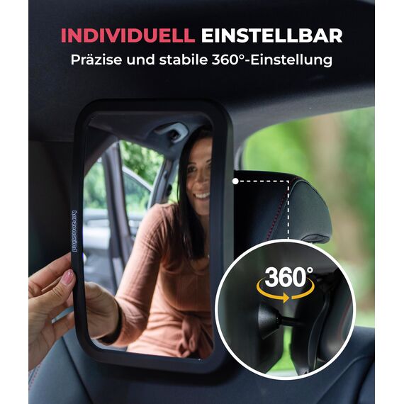 HerzensKind XXL Rücksitzspiegel Baby – Babyspiegel Auto Rücksitz 30x19cm | Spiegel Auto Baby Rückbank mit mattem Finish | Bruchsicher, ohne Einzelteile, kinderleicht montiert