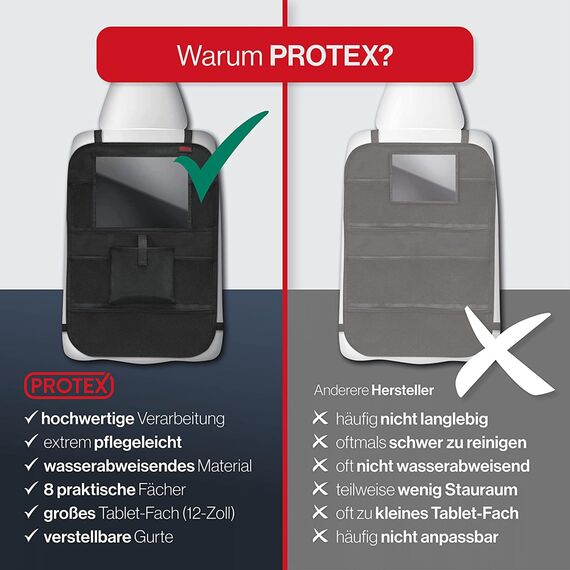 PROTEX© Rückenlehnenschutz Organizer [Testsieger 2025] 100 Tage risikofrei testen - Auto Rücksitz Organizer mit 12 Zoll Tablet Fach [schwarz]