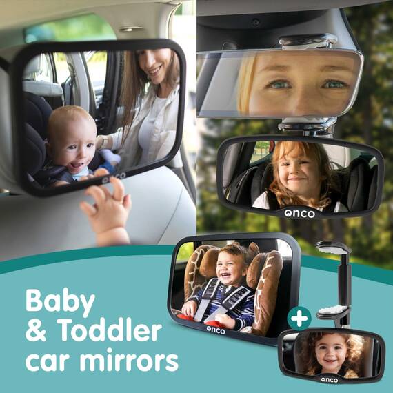 Onco Baby Autospiegel Set – Rückwärts- & Vorwärtsgerichteter Spiegel, 100% bruchsicher & rüttelfest, Klare Weitsicht mit 360° Drehung & Clip-On-Design, Reise-Essentials für Neugeborene & Babys
