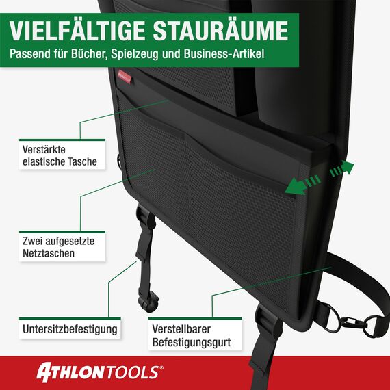ATHLON TOOLS Der stabilste Autositz-Organizer - mit verstärkter Rückwand - Lebensmittelecht - mit integriertem Tablet-Halter - mit Extra Federtasche - für Business und Kinder - Designed in Hamburg