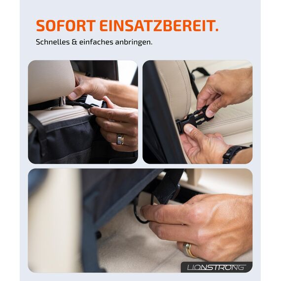 LIONSTRONG® Auto Organizer Kinder Rücksitz schwarz [WASSERDICHT] - Rückenlehnenschutz Auto Kinder universell kompatibel - Autositz Organizer - Sitzschutz Rückenlehne - Tablet-Fach