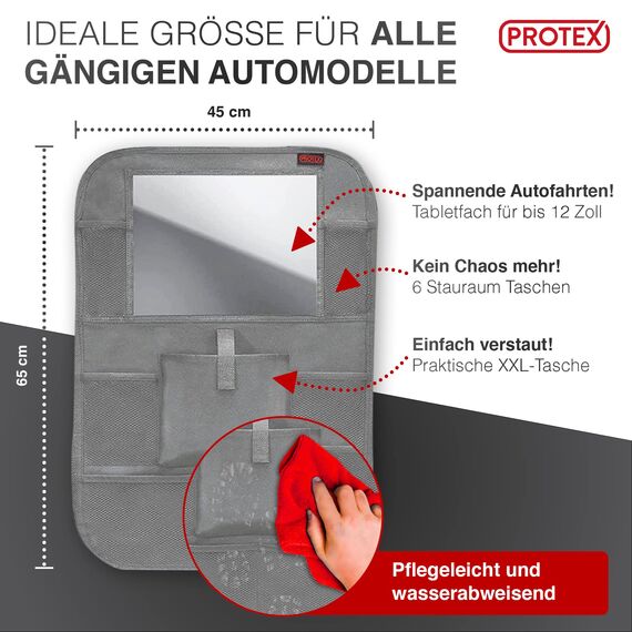 PROTEX© Rückenlehnenschutz Organizer [Testsieger 2025] 100 Tage risikofrei testen - Auto Rücksitz Organizer mit 12 Zoll Tablet Fach [grau]