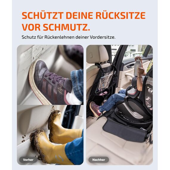 LIONSTRONG® Auto Organizer Kinder Rücksitz schwarz [WASSERDICHT] - Rückenlehnenschutz Auto Kinder universell kompatibel - Autositz Organizer - Sitzschutz Rückenlehne - Tablet-Fach