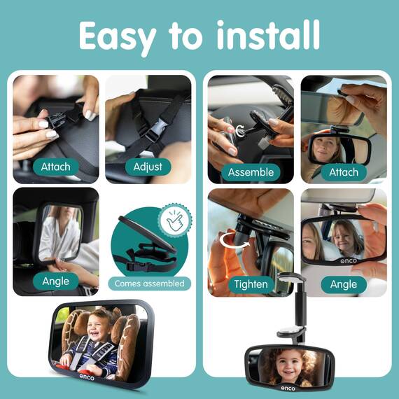 Onco Baby Autospiegel Set – Rückwärts- & Vorwärtsgerichteter Spiegel, 100% bruchsicher & rüttelfest, Klare Weitsicht mit 360° Drehung & Clip-On-Design, Reise-Essentials für Neugeborene & Babys