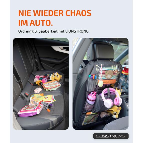 LIONSTRONG® Auto Organizer Kinder Rücksitz schwarz [WASSERDICHT] - Rückenlehnenschutz Auto Kinder universell kompatibel - Autositz Organizer - Sitzschutz Rückenlehne - Tablet-Fach