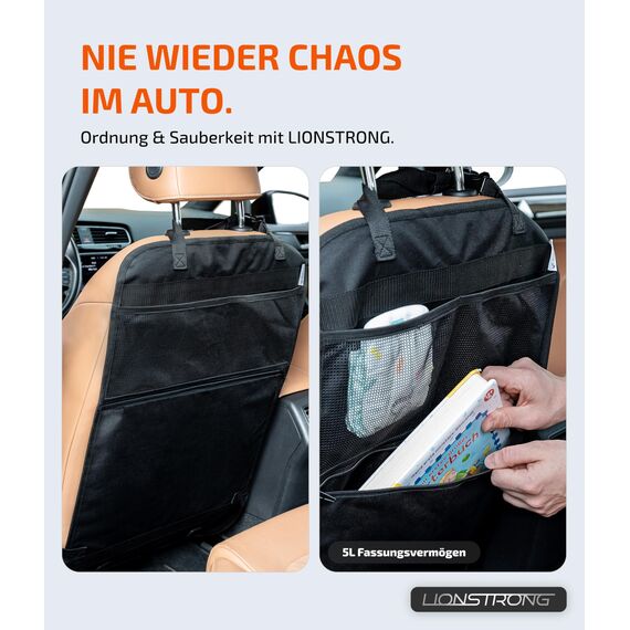 LIONSTRONG® Auto Organizer Kinder Rücksitz schwarz - Wasserdicht - Rückenlehnenschutz Auto Kinder universell kompatibel - Autositz Organizer - Sitzschutz Rückenlehne - große Tasche