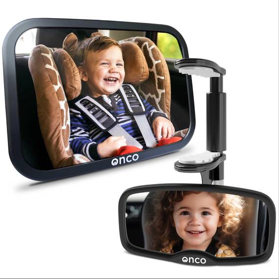 Onco Baby Autospiegel Set – Rückwärts- & Vorwärtsgerichteter Spiegel, 100% bruchsicher & rüttelfest, Klare Weitsicht mit 360° Drehung & Clip-On-Design, Reise-Essentials für Neugeborene & Babys