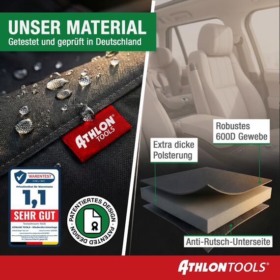 ATHLON TOOLS Kindersitzunterlage Auto mit Seitenschutz - Optimale Passform - Isofix kompatibel - Dick gepolstert - für Kindersitze, Babyschalen und Sitzerhöhungen - Patentiertes Design aus Hamburg