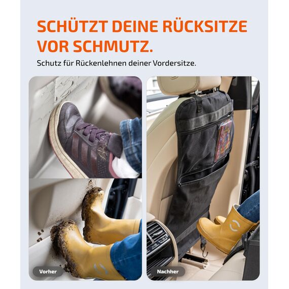 LIONSTRONG® Auto Organizer Kinder Rücksitz schwarz [WASSERDICHT] - Rückenlehnenschutz Auto Kinder universell kompatibel - Autositz Organizer - Sitzschutz Rückenlehne - große Tasche