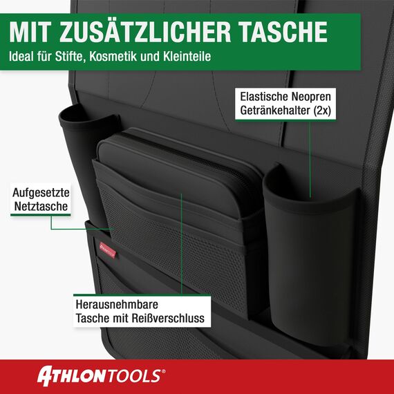 ATHLON TOOLS 2x Autositz-Organizer mit integrierter Tablet-Halter - Verstärkte Rückseite - mit Extra Federtasche - für Business und Kinder - Designed in Hamburg (Schwarz / 2er-Sparset)