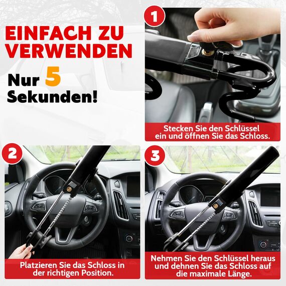Tevlaphee Lenkradkralle, Lenkradschloss für Auto, Diebstahlsicherung auto, Strapazierfähig, Universelle Passform, PVC-Schutz, Verstellbar für Autos, SUVs, Wohnmobil, Wohnwagen, 3 Schlüssel(Schwarz)