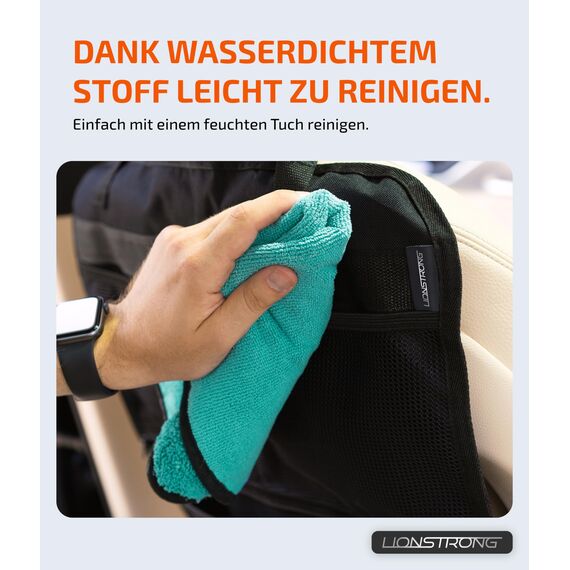LIONSTRONG® Auto Organizer Kinder Rücksitz schwarz [WASSERDICHT] - Rückenlehnenschutz Auto Kinder universell kompatibel - Autositz Organizer - Sitzschutz Rückenlehne - große Tasche