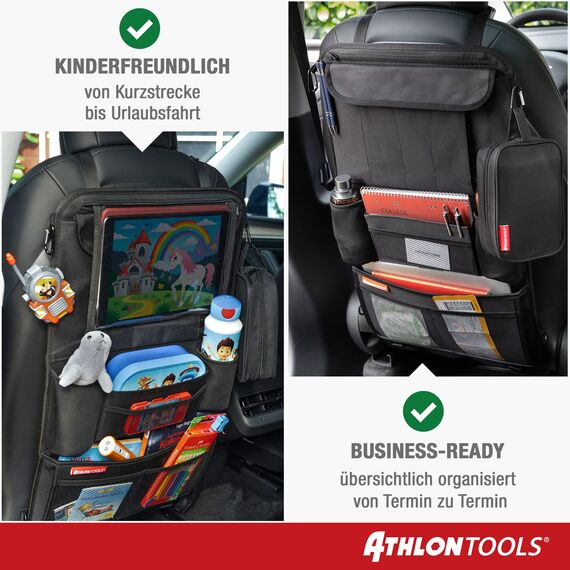 ATHLON TOOLS 2x Autositz-Organizer mit integrierter Tablet-Halter - Verstärkte Rückseite - mit Extra Federtasche - für Business und Kinder - Designed in Hamburg (Schwarz / 2er-Sparset)
