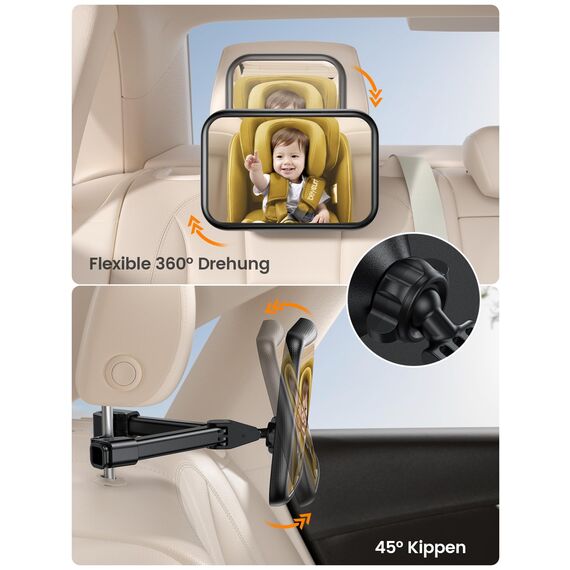 Lamicall Spiegel Auto Baby Rückbank - [2026 Haken Clip] Bruchsicher Autospiegel Baby Rücksitz, 360° Drehbar Babyspiegel Rücksitzspiegel, Kopfstützen Auto Spiegel für Baby&Kinder mit 175° Konvexspiegel