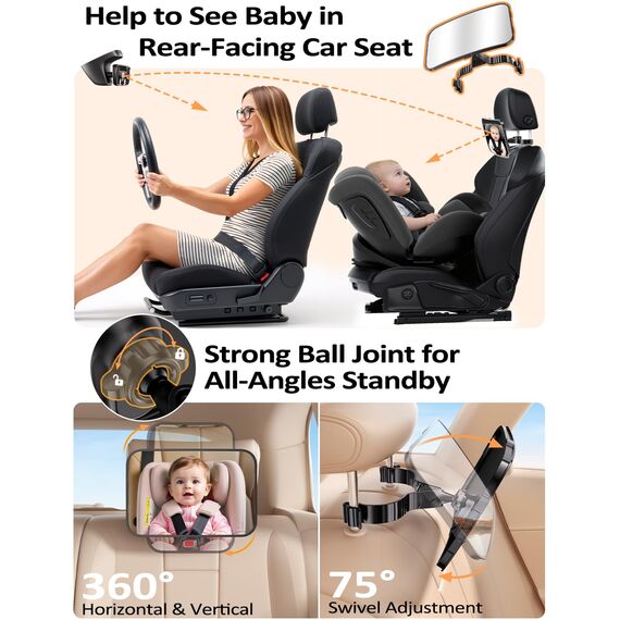 Mirrorsafe Babyspiegel Auto Rücksitz Spiegel Rückbank - 2026 Haken Clip Stabiler Bruchsicherer Autospiegel Baby, 360°Verstellbarer Babyspiegel Erstausstattung Auto Zubehör für Kinder KFZ Kopfstützen